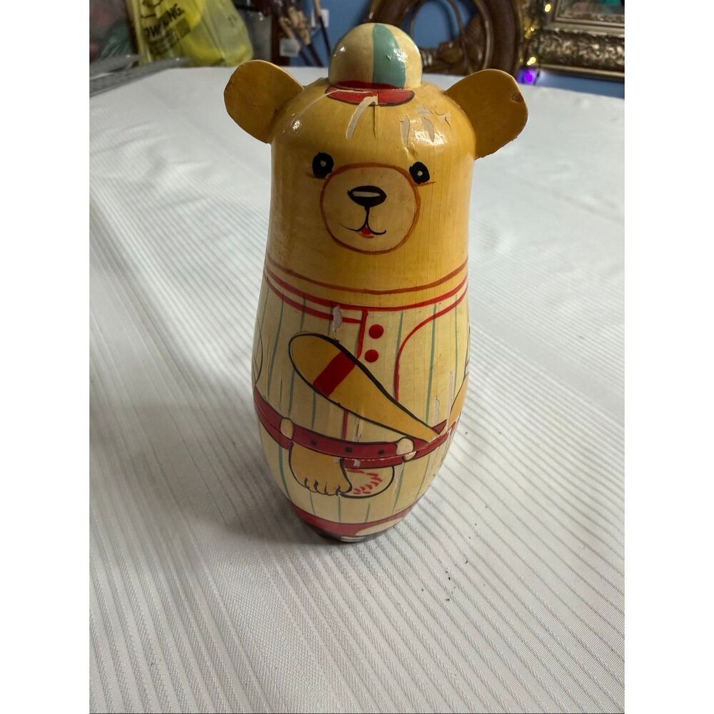 Matryoshka Russian Baseball Bear Nesting Dolls Set of 5 Wooden Toy Cute Sporty